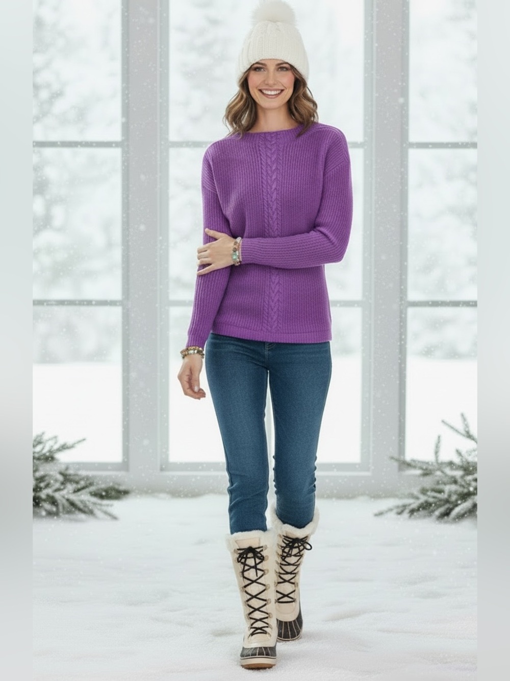 Talbots Wool Cable Knit Mock Neck Sweater Purple Orchid Medium